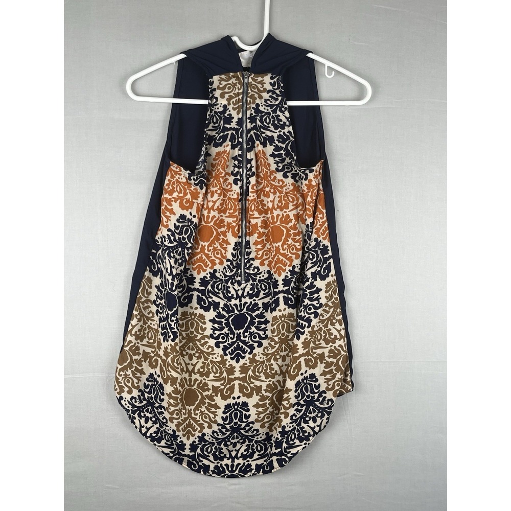 Misia Sleeveless Zip Front Top Womens M Navy Orange Damask Tunic Blouse